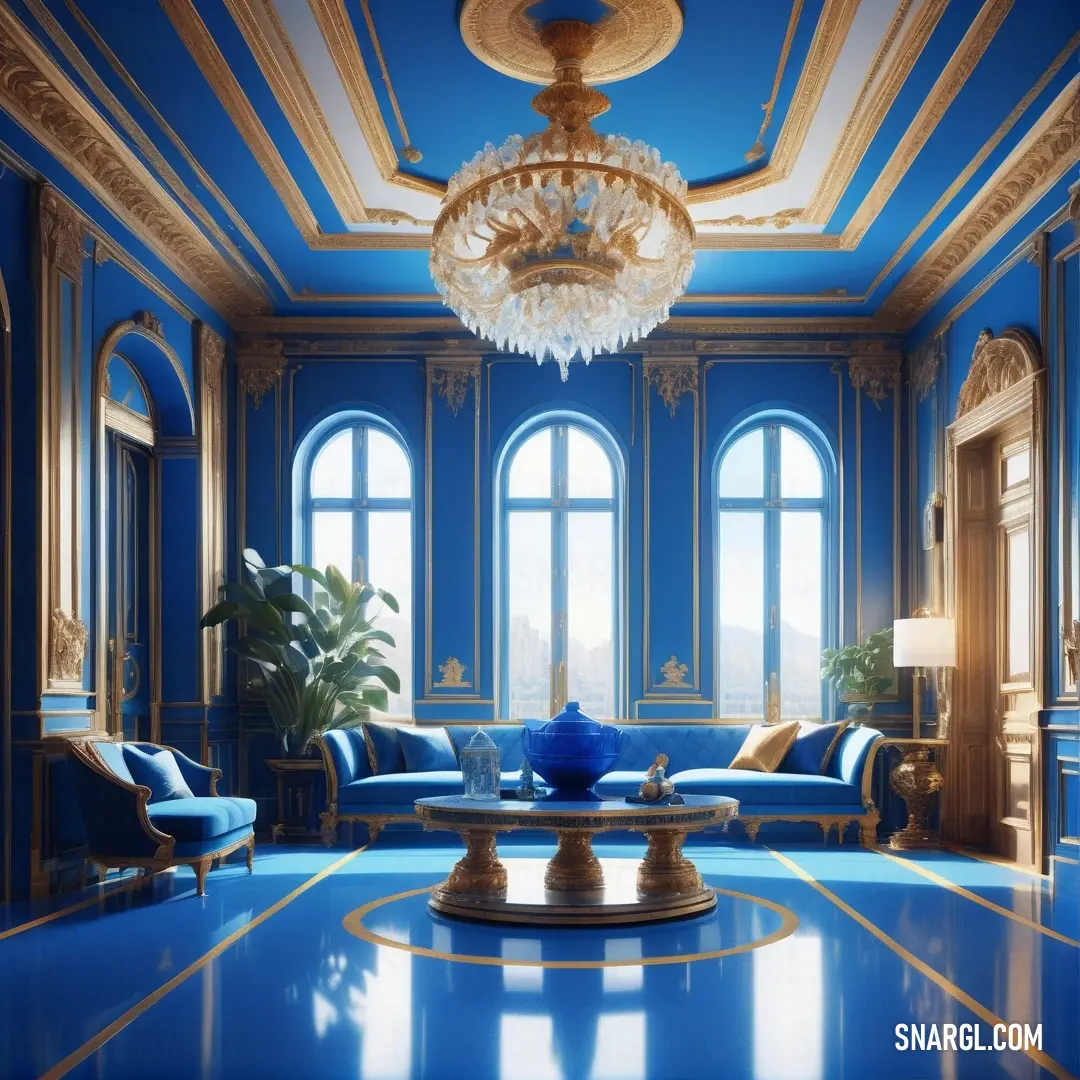 An elegantly designed living room with rich blue walls that create a serene ambiance. A stunning chandelier hangs gracefully from the ceiling, casting beautiful reflections that enhance the luxurious feel, embodying PANTONE 2187 color.