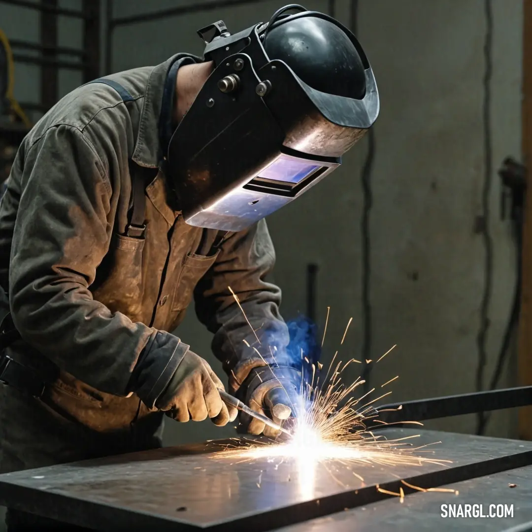 A welder in a protective mask focuses on welding a metal piece, with the bright light from the welding torch illuminating the work. The surrounding workspace is filled with industrial tools and machinery, emphasizing the precision of the work.