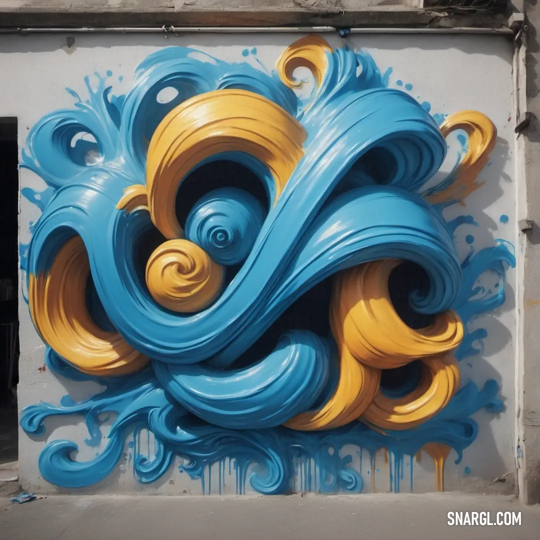 A mesmerizing painting of a blue and yellow wave unfolds on a wall, with a window framing the scene, creating a serene atmosphere that celebrates the beauty of natural elements.