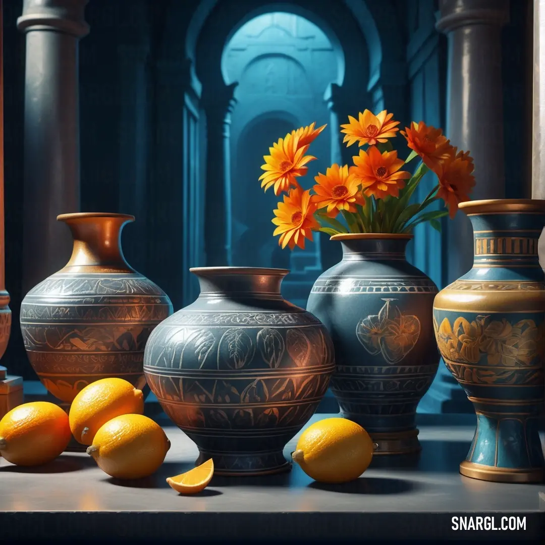 A captivating painting of vibrant vases filled with lemons and colorful flowers, set against a stunning blue backdrop. This artwork beautifully illustrates PANTONE 2187, adding a cheerful touch to the space.