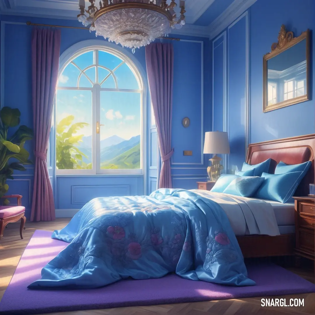 A serene bedroom adorned with a calming blue wall invites relaxation, complete with a large window offering a breathtaking view of majestic mountains. This scene captures the tranquility of PANTONE 2187 color perfectly.