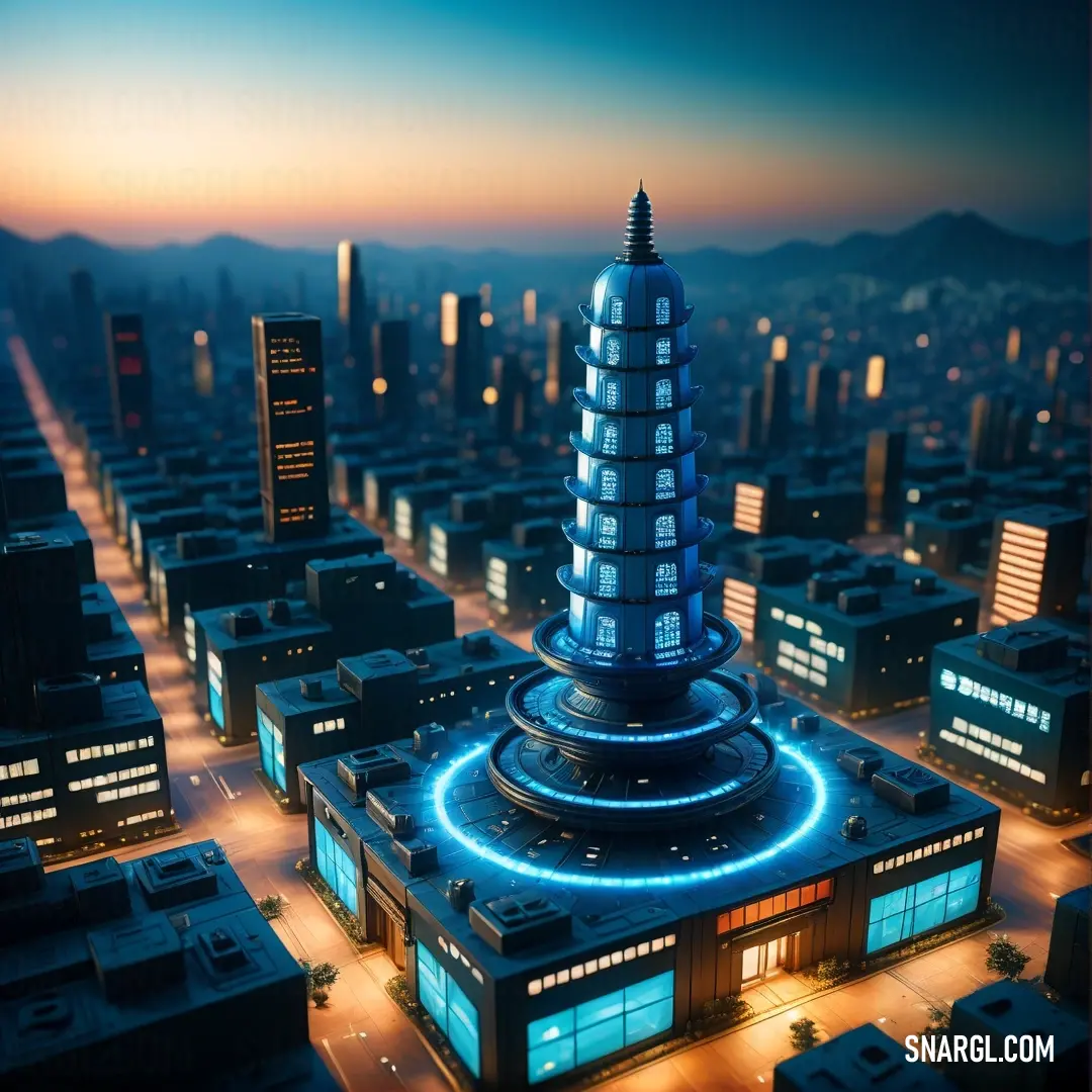 Futuristic city with a tower and a clock on top of it at night time with a bright blue light. Color #00527F.