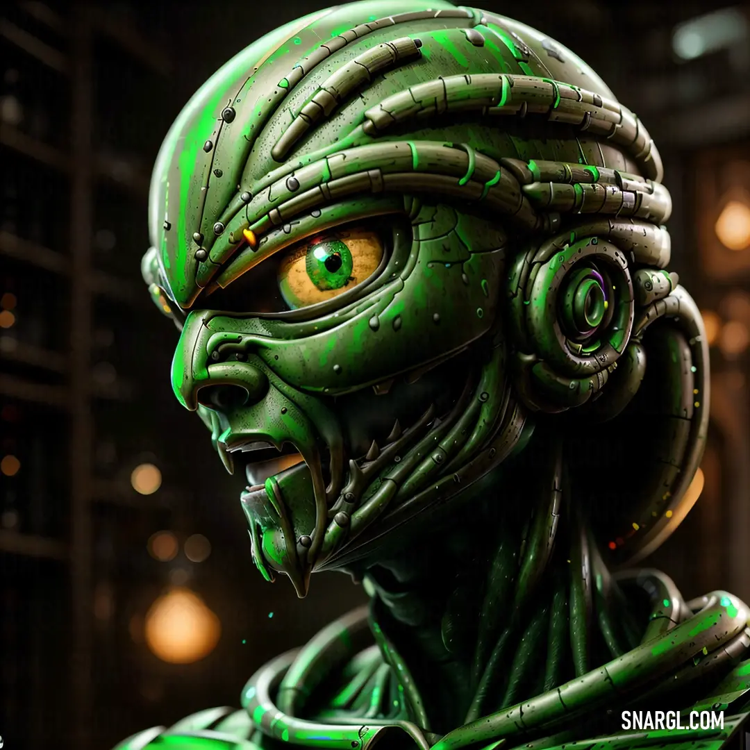 A green alien figure with striking yellow eyes stands against a dark background, creating an eerie yet captivating presence. Its otherworldly appearance is highlighted by the contrast between the glowing eyes and the deep green of its body.