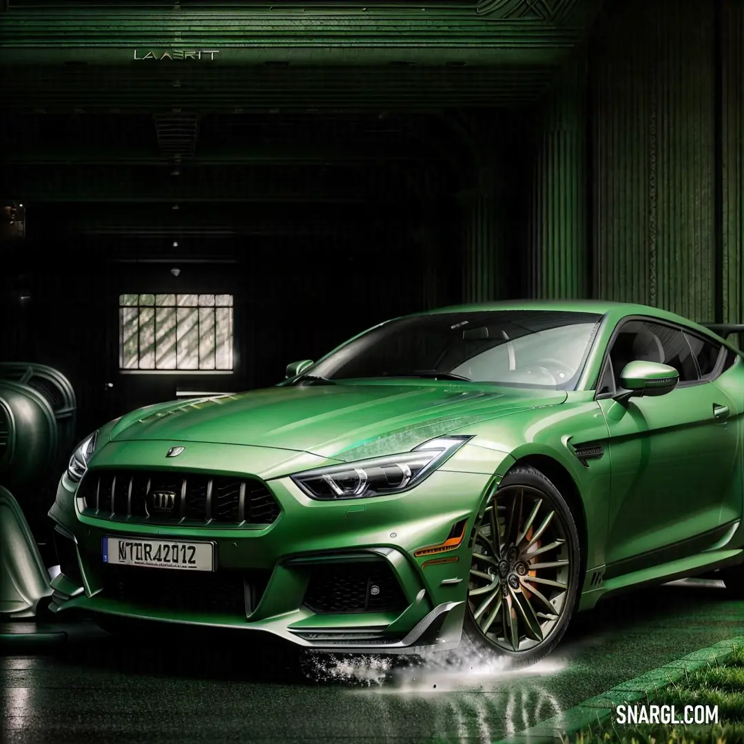 A sleek green sports car sits parked in a garage, with its vibrant color contrasting against a soft green background. The smooth lines and futuristic design of the car highlight its high-performance potential, creating a stylish and dynamic look.