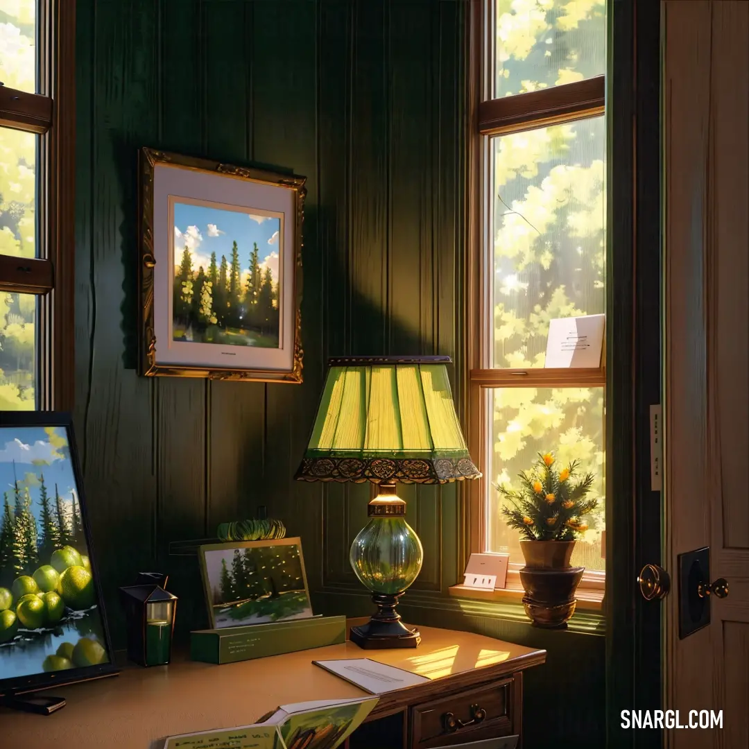 A pine forest painting on a desk, beside a glowing desk lamp, creates a cozy atmosphere. The rich tones of the forest are complemented by the warm light, making the workspace feel inviting and peaceful.