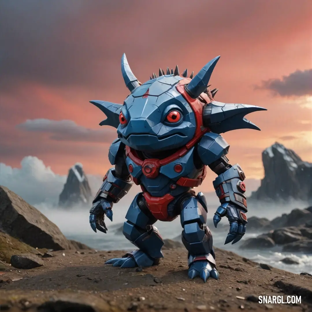 A futuristic robot-like creature stands confidently on a rocky beach, framed by the vast ocean and towering mountains, exuding a sense of strength and wonder.