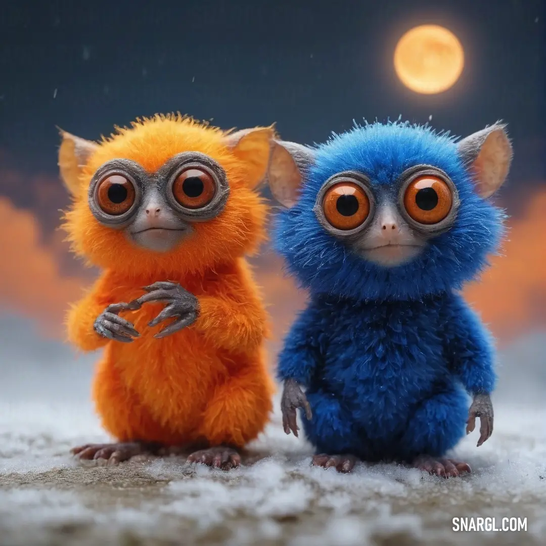 A heartwarming scene of two small stuffed animals snuggled together on a snow-covered ground, illuminated by the enchanting glow of a full moon in the cold night.