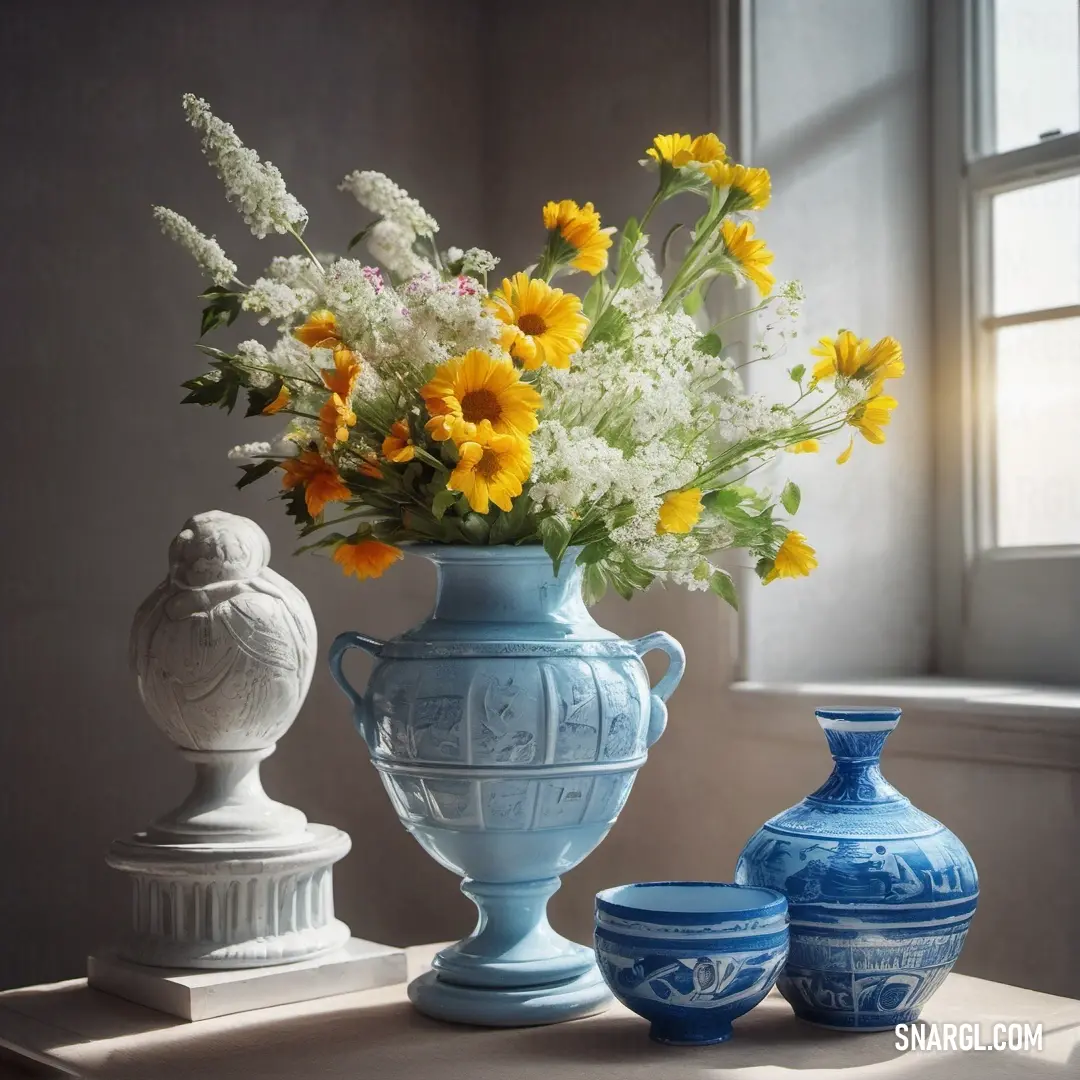 A vase filled with colorful flowers sits at the heart of a well-arranged table, flanked by two additional vases. The vivid hues illustrate the beautiful CMYK 100,47,0,48 color profile, infusing joy into the space.