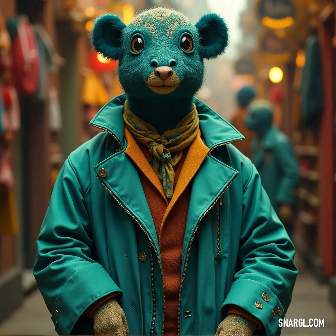 A whimsical scene unfolds as a person in a playful blue bear costume stands amidst bustling streets, showcasing joy and unique charm against a lively urban backdrop.