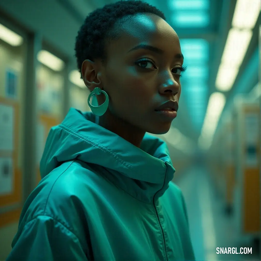 A woman dressed in a stylish green jacket stands elegantly in a hallway, where the muted backdrop allows her colorful attire and sparkling earrings to shine vibrantly.