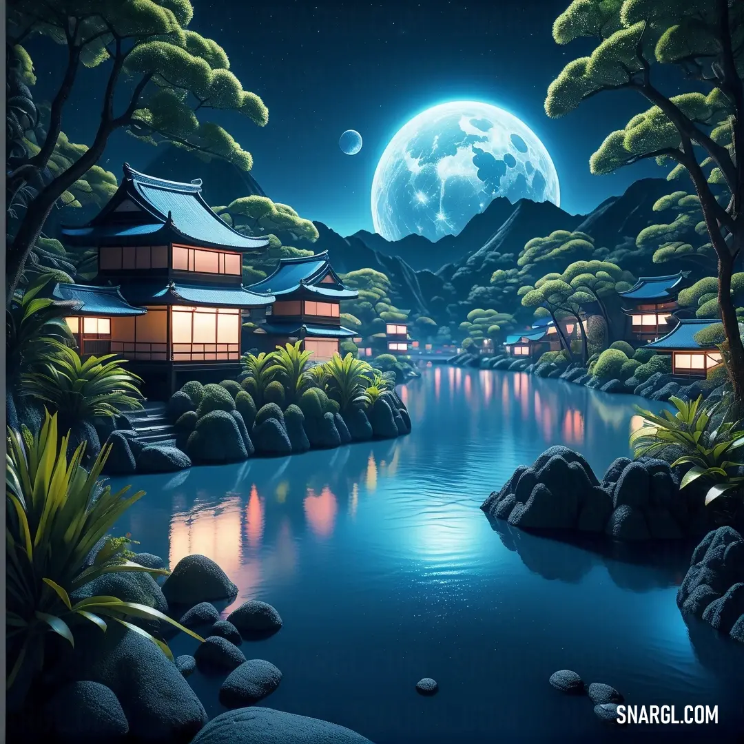 PANTONE 2188 color example: Painting of a night scene with a full moon and a lake in the foreground with trees and rocks