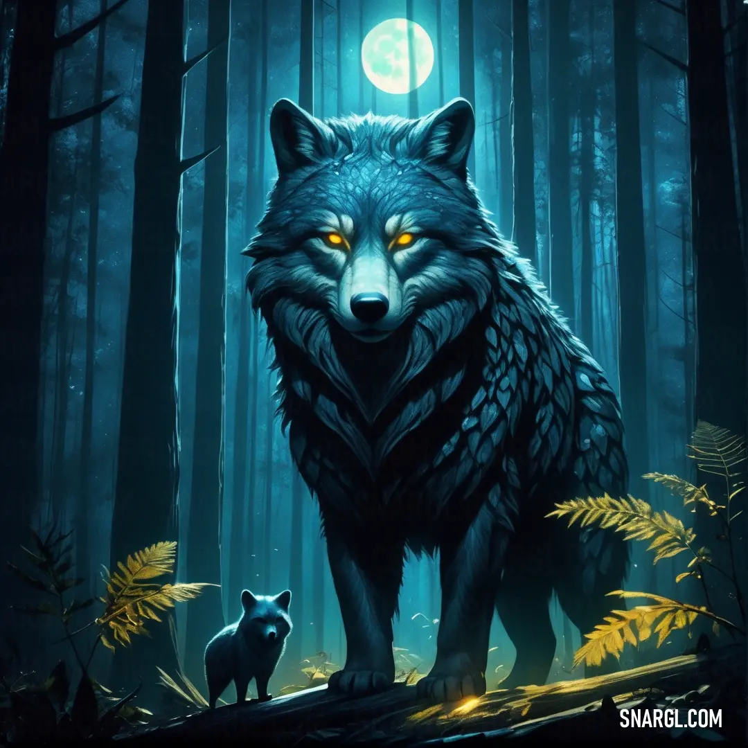 Wolf and a cub in a forest at night with a full moon in the background. Color PANTONE 2188.