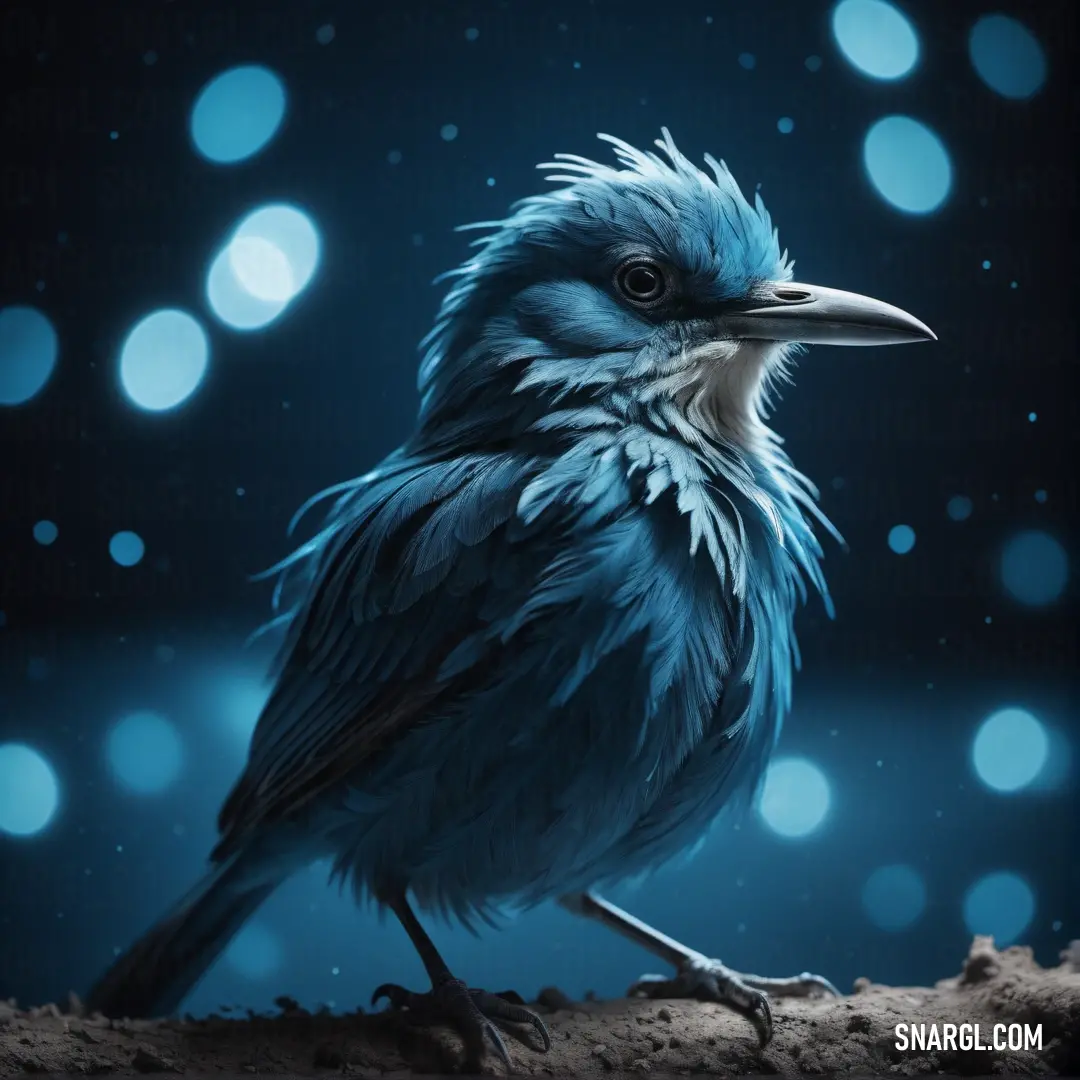 PANTONE 2189 color. Blue bird on a rock in the night sky with a blurry background