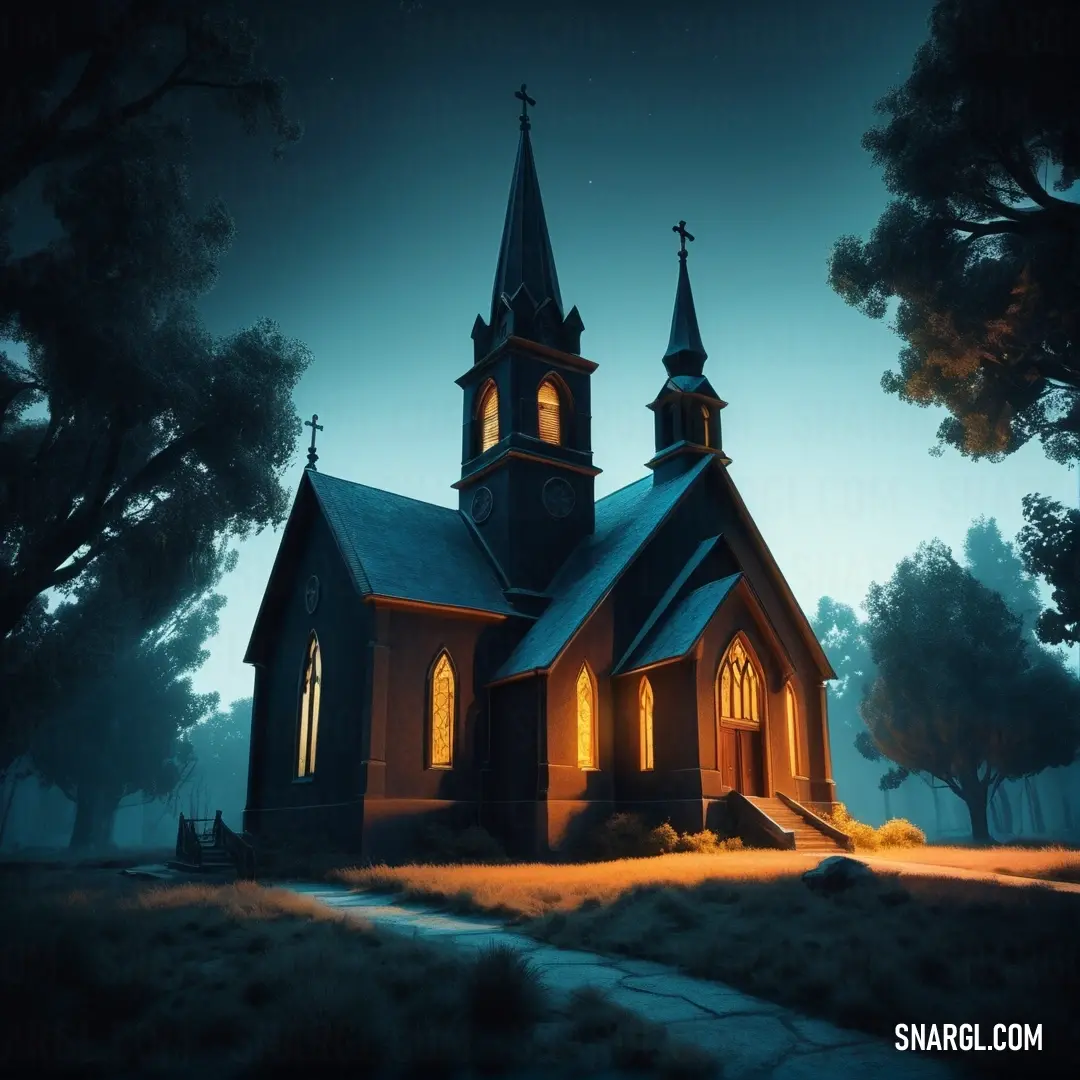 Church with a steeple lit up at night with a full moon in the background. Example of PANTONE 2189 color.