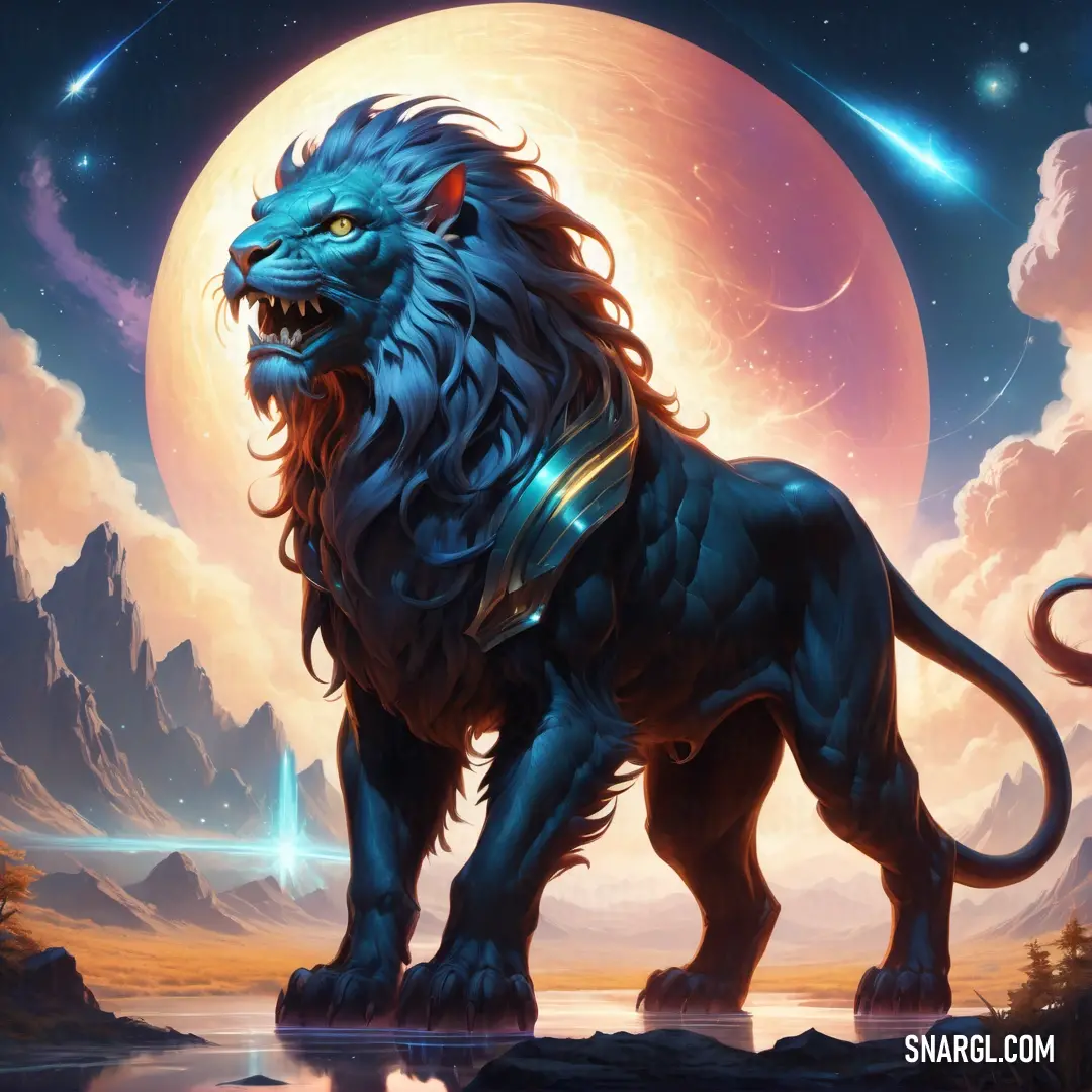 Lion standing in front of a full moon with a sky background. Color PANTONE 2189.