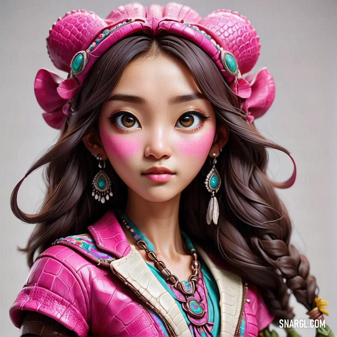 Doll with a pink outfit and a pink headpiece with a green flower in her hair