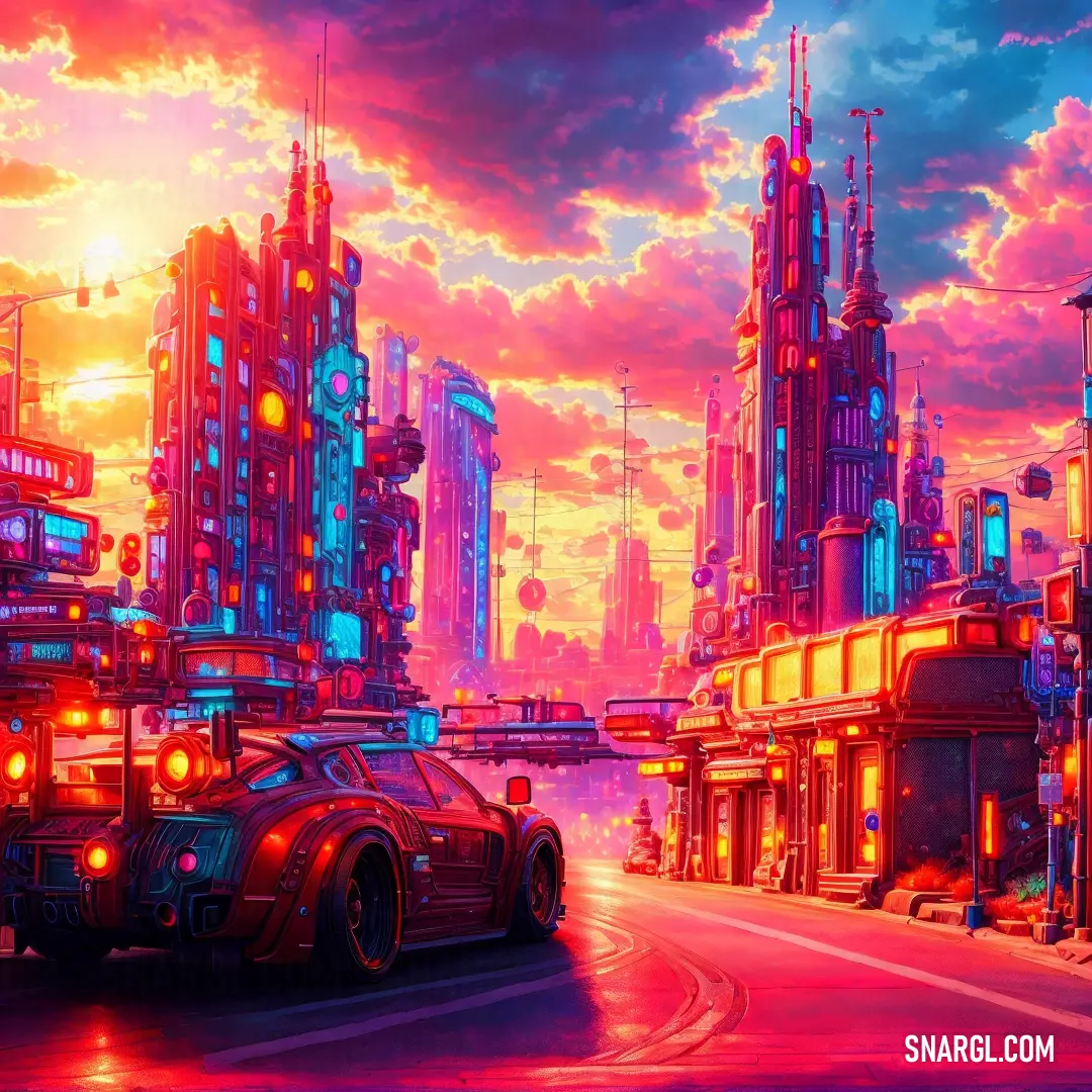 Futuristic city with a futuristic car in the foreground and a futuristic city in the background with a red and blue sky