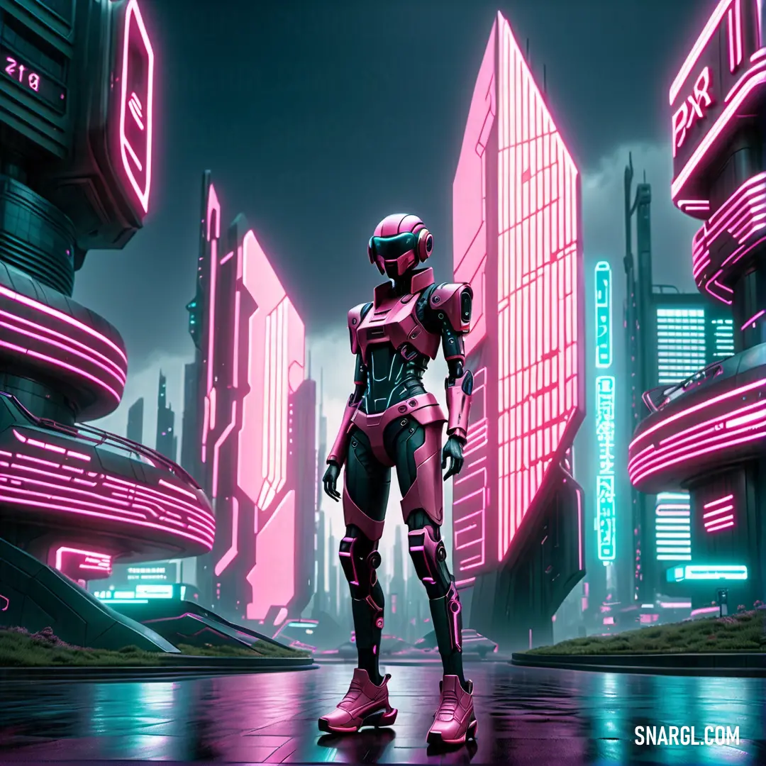 Futuristic woman in a pink suit standing in front of a cityscape with neon lights