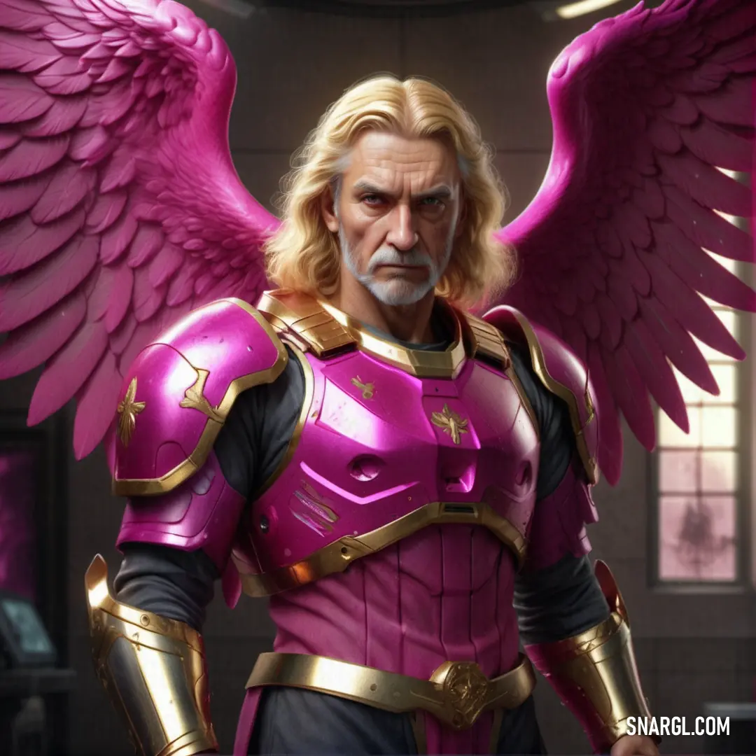 Man with a pink suit and wings on his chest