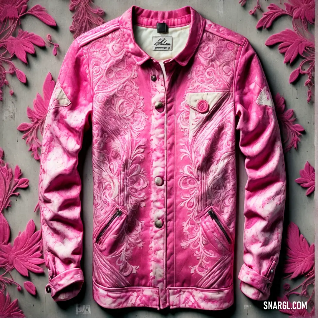 Pink jacket with a white and black design on it and a pink flower pattern on the back of it