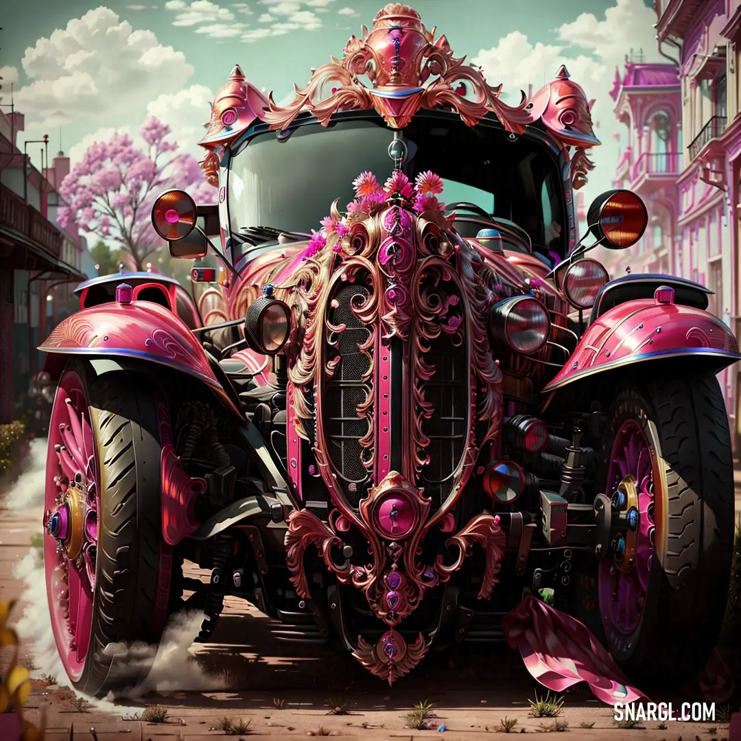 Pink truck with ornate designs on the front of it's cab and a pink background with clouds