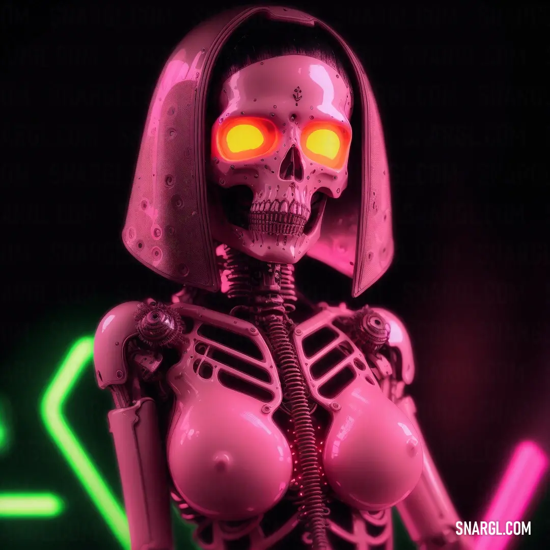 Skeleton with glowing eyes and a pink helmet on