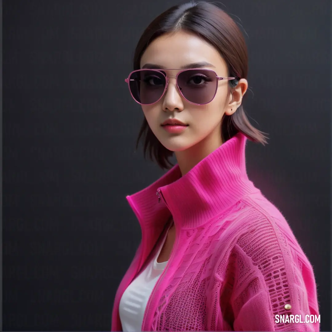 Woman wearing sunglasses and a pink sweater is posing for a picture in front of a black background