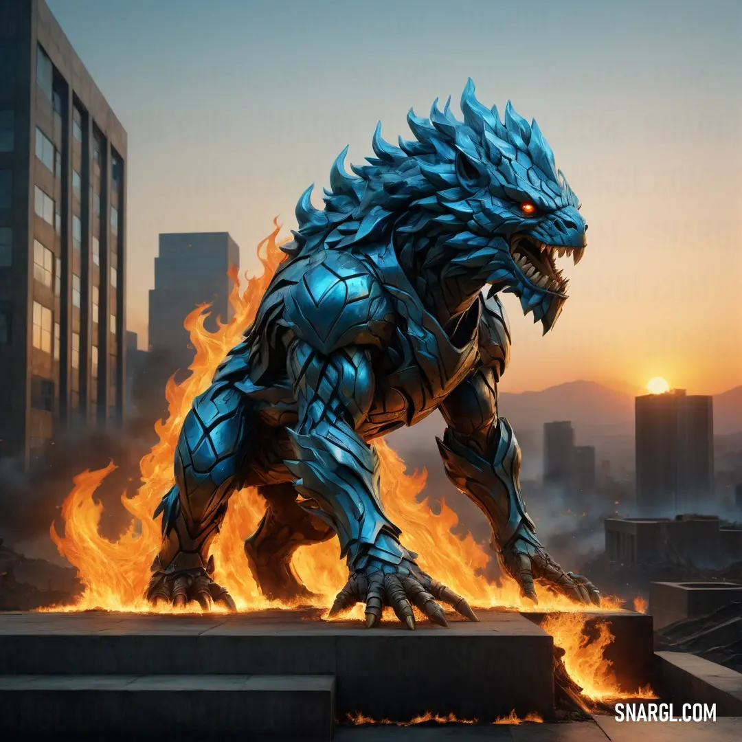 Godzilla statue is on fire in a city setting with skyscrapers in the background and a sunset in the foreground
