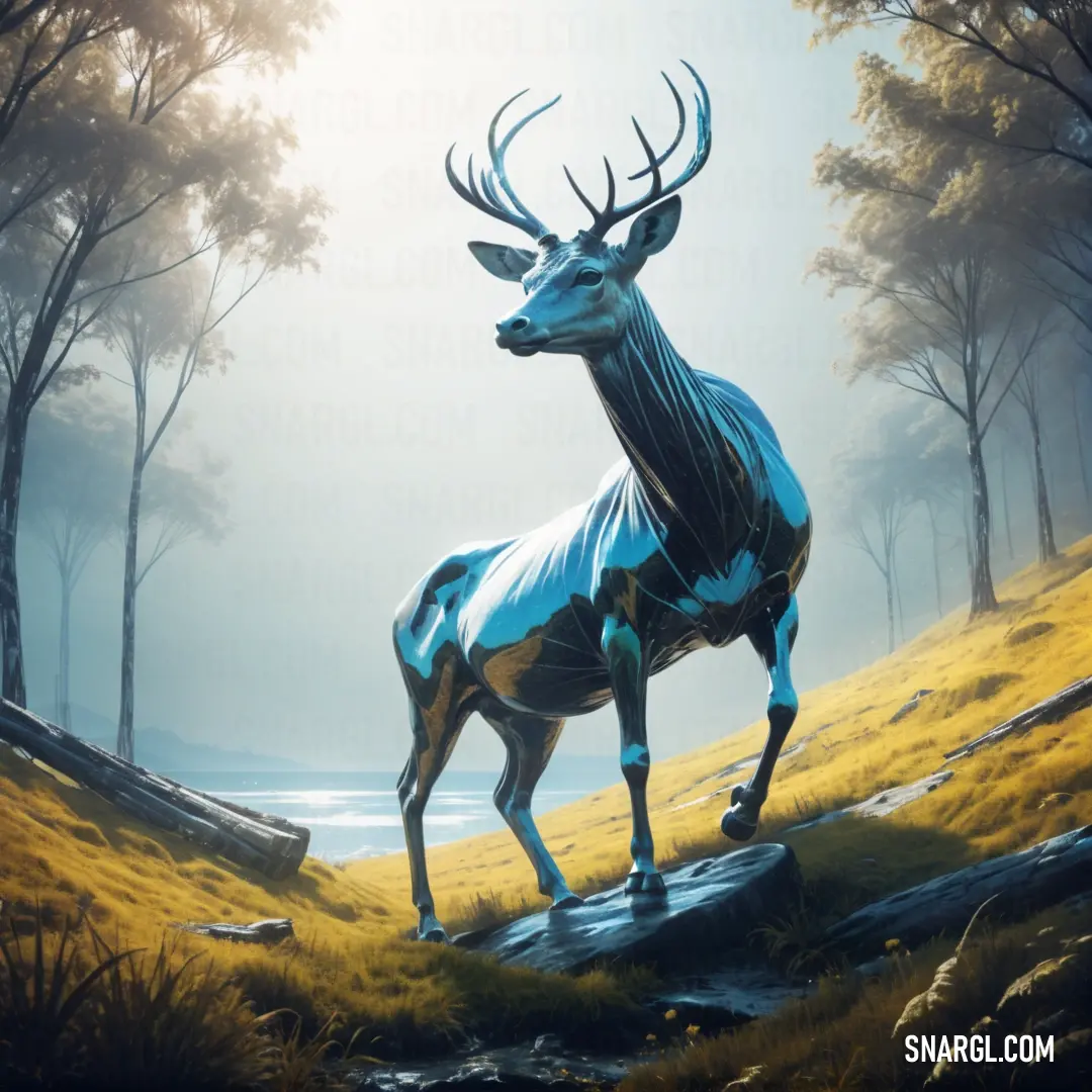 Painting of a deer standing on a hill with trees in the background and a body of water in the foreground. Color RGB 5,160,217.