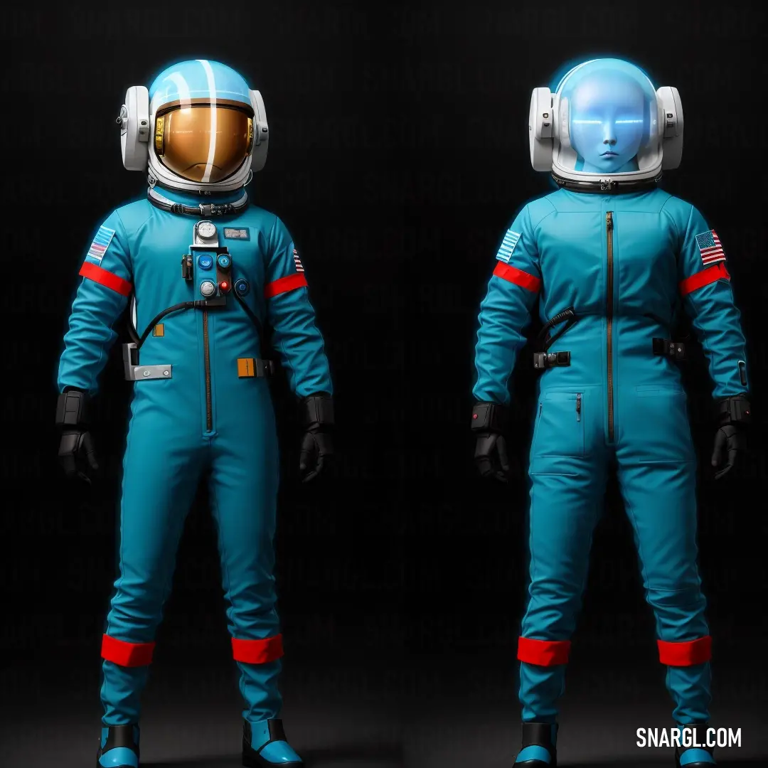 Blue space suit with a helmet and gloves on it. Color CMYK 89,18,0,0.