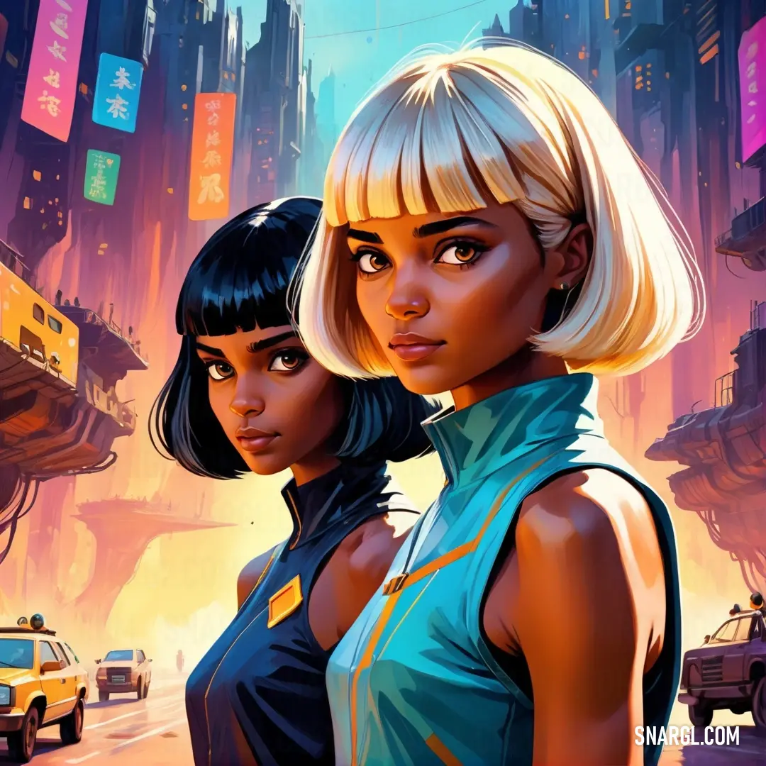 Two women standing next to each other in front of a cityscape with a taxi cab in the background. Example of RGB 0,148,210 color.