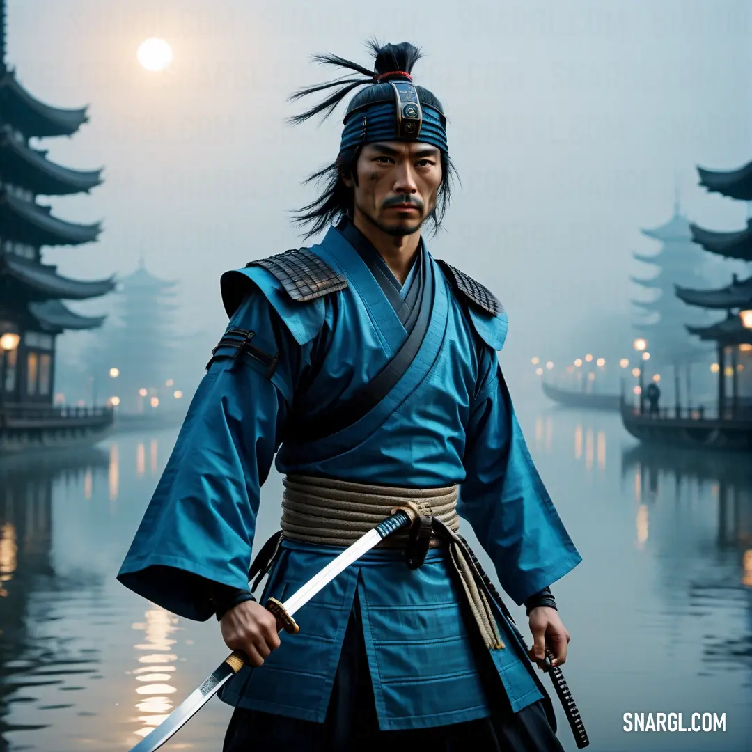 Man in a blue outfit holding a sword and standing in front of a lake with pagodas in the background. Color PANTONE 2193.