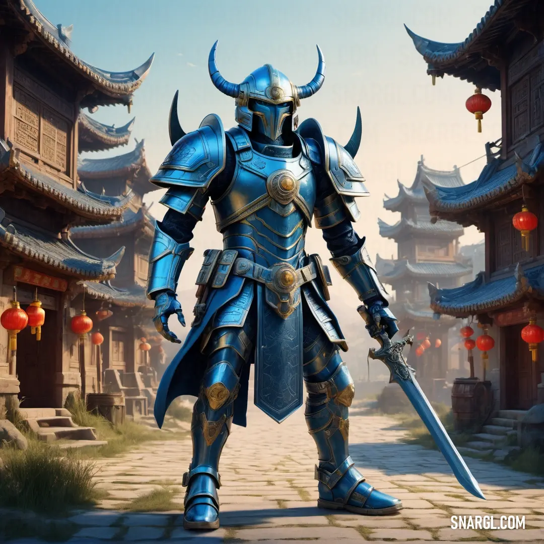 Man in armor holding a sword in front of a building with lanterns and lanterns on it's sides. Color RGB 0,140,204.
