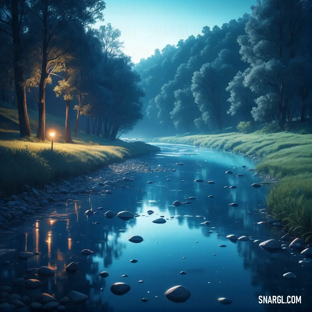 PANTONE 2193 color example: Painting of a river with a light on at night in the distance and trees and grass around it