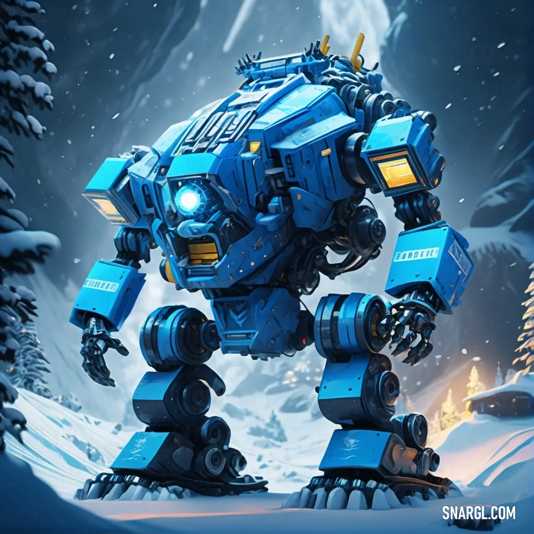 Blue robot standing in the snow with a christmas tree in the background. Example of RGB 0,135,201 color.