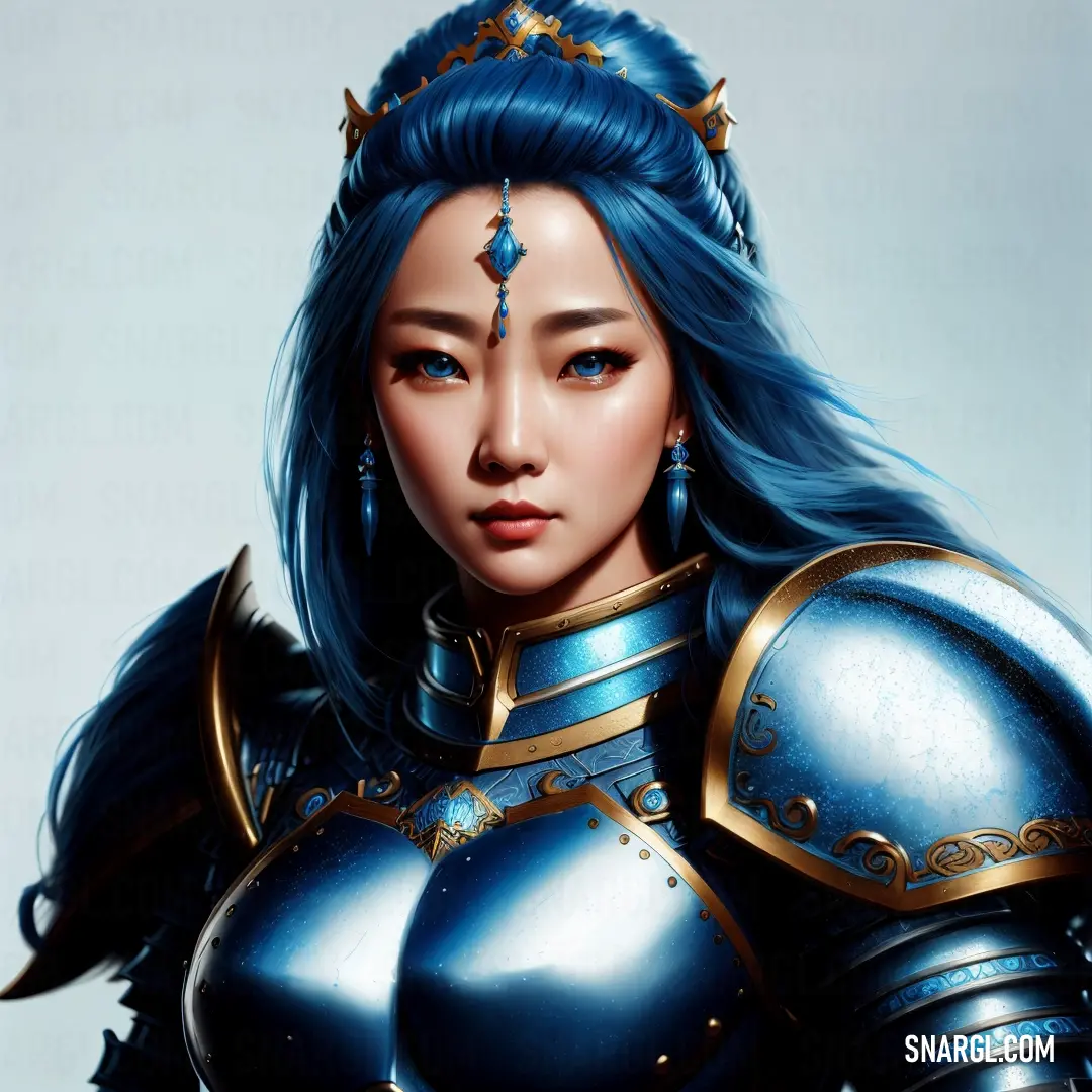 Woman in a blue armor with a sword and a crown on her head and a blue hair. Color CMYK 95,26,0,0.