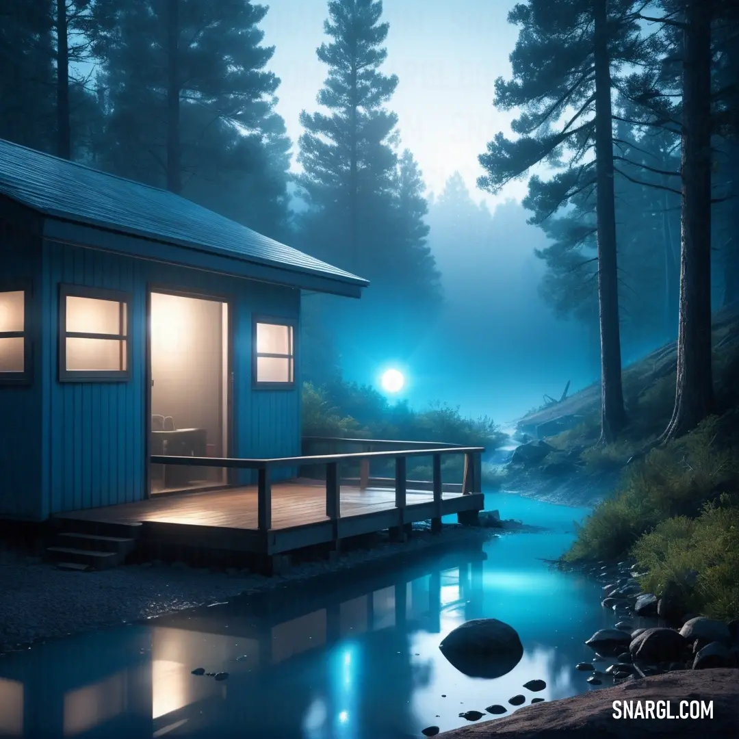 Small cabin is lit up by a light at night in the woods by a river with a dock. Color PANTONE 2194.