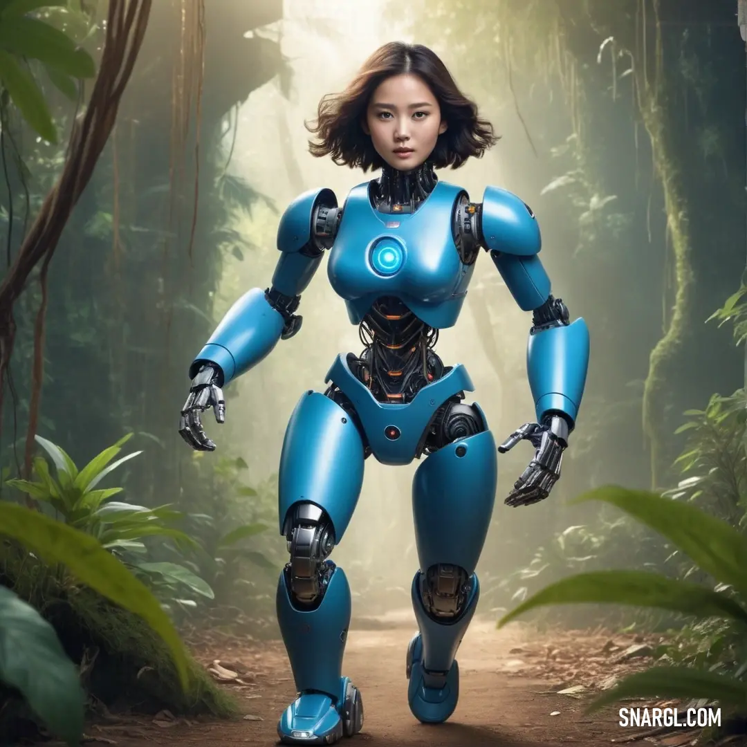 Woman in a blue suit standing in a forest with a robot like body and arms on a dirt path. Color RGB 0,135,201.