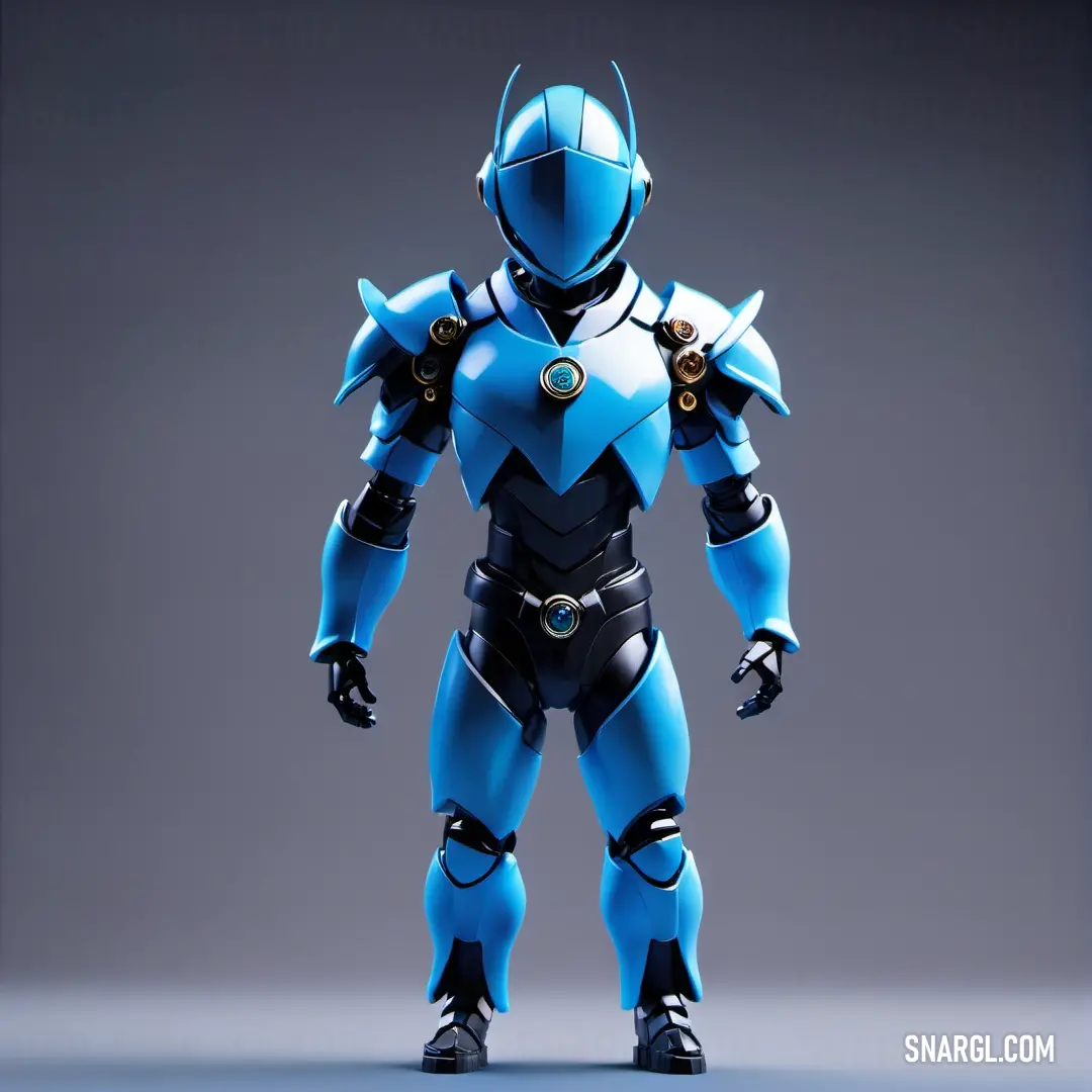Blue robot standing in a pose with his arms crossed and his legs crossed. Example of CMYK 98,40,0,0 color.