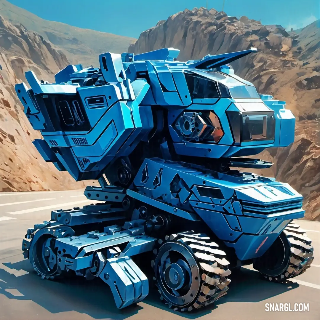 Blue robot vehicle driving down a road next to a mountain range in the desert with mountains in the background