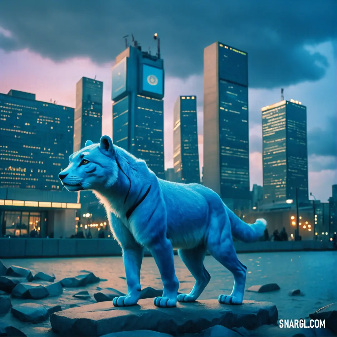 PANTONE 2195 color example: Blue wolf statue stands in front of a city skyline at night with skyscrapers in the background