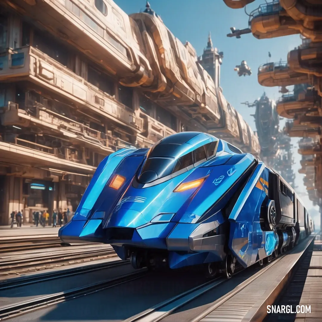 Futuristic train is traveling through a city with tall buildings and a tall building in the background. Color CMYK 98,40,0,0.