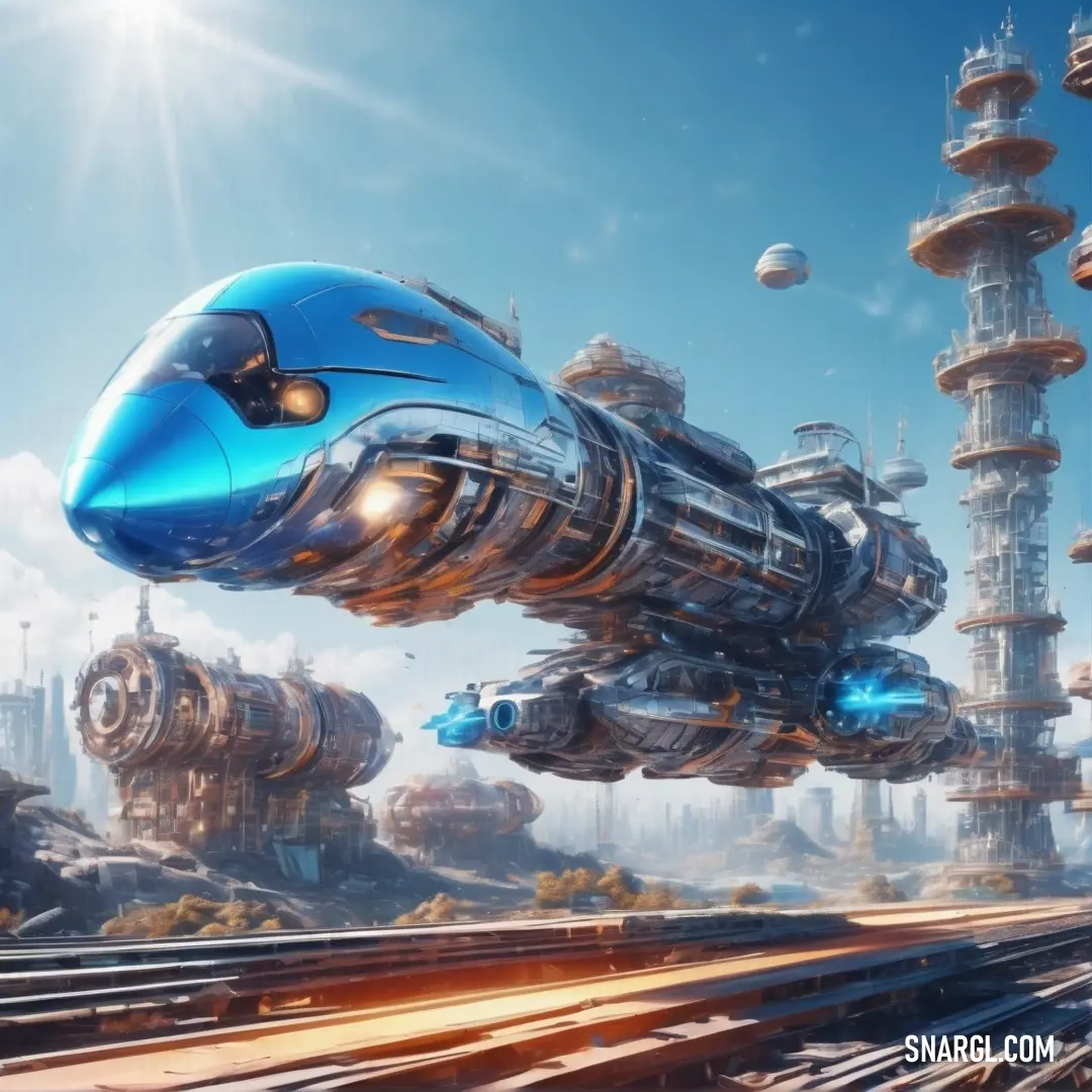 Futuristic train is flying over a city with tall buildings and a sky background. Color RGB 0,116,188.