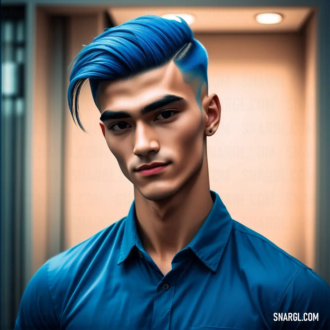 Man with a blue shirt and a blue haircut in a hallway with a light on the ceiling. Color #0074BC.