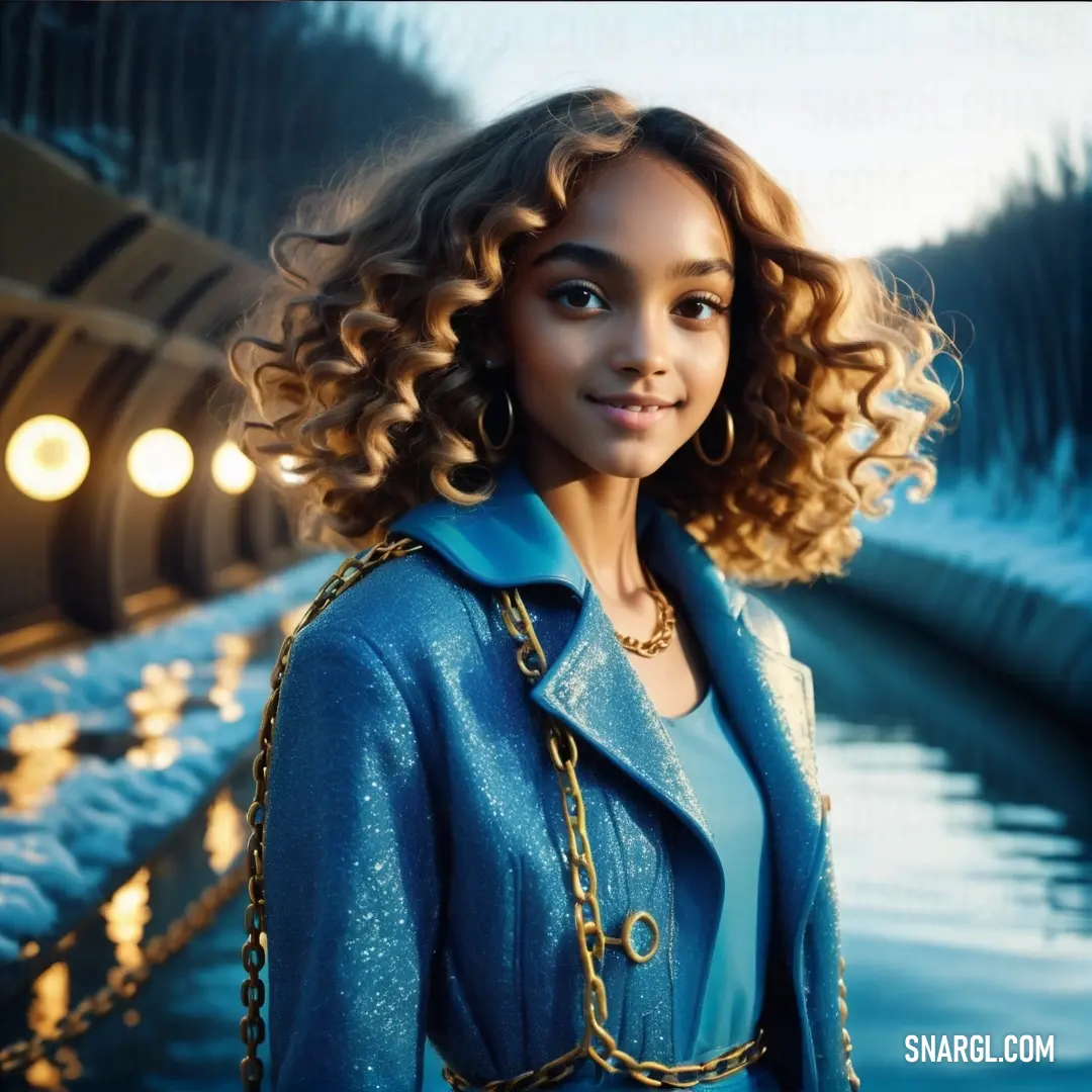 PANTONE 2195 color. Woman with curly hair wearing a blue jacket and a chain around her neck and a blue shirt on