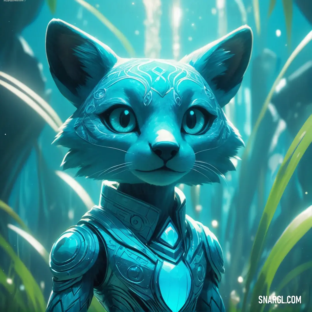 Cat in a futuristic suit standing in a forest with plants and grass in the background. Color #28B1CA.