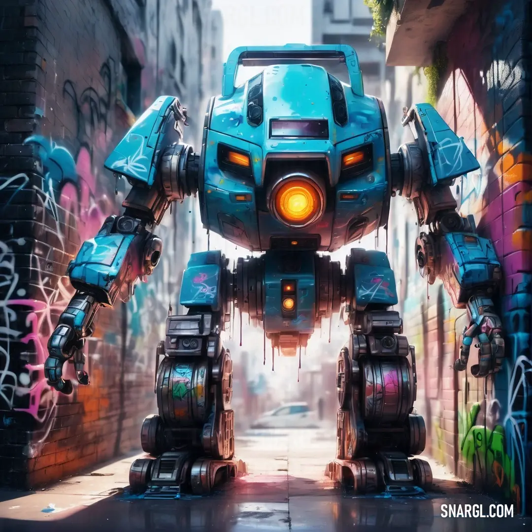 Robot that is standing in the street with graffiti on it's walls and a car in the background. Example of #28B1CA color.