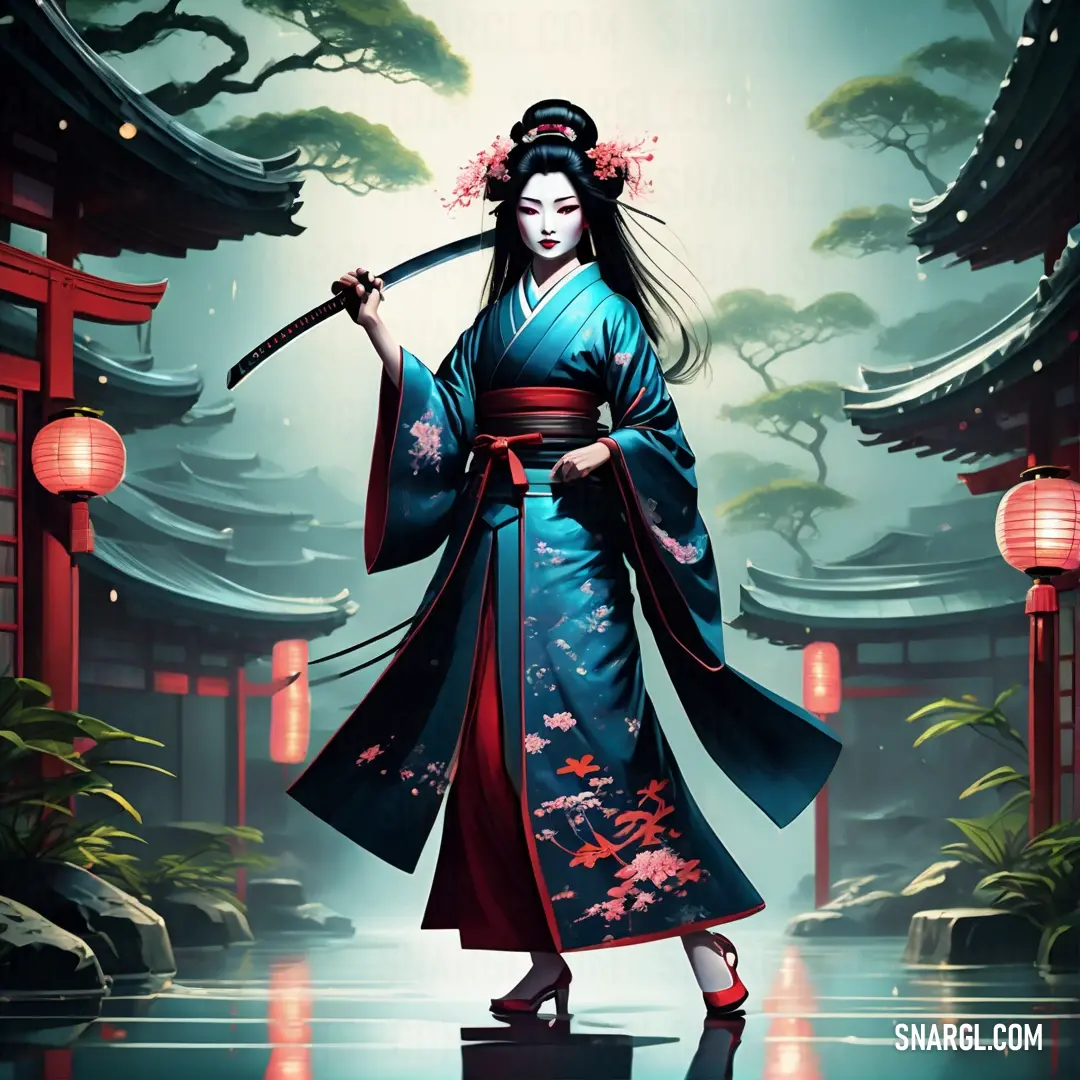 Woman in a kimono holding a sword in front of a forest with lanterns and lanterns on it. Example of PANTONE 2199 color.