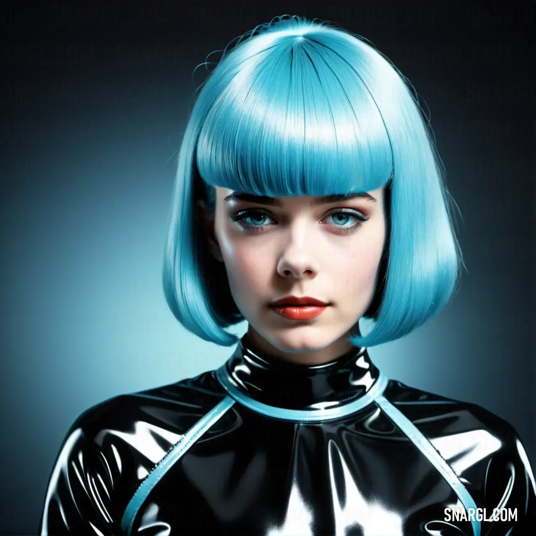 Woman with blue hair and a futuristic suit on, posing for a picture with a black background. Example of RGB 40,177,202 color.