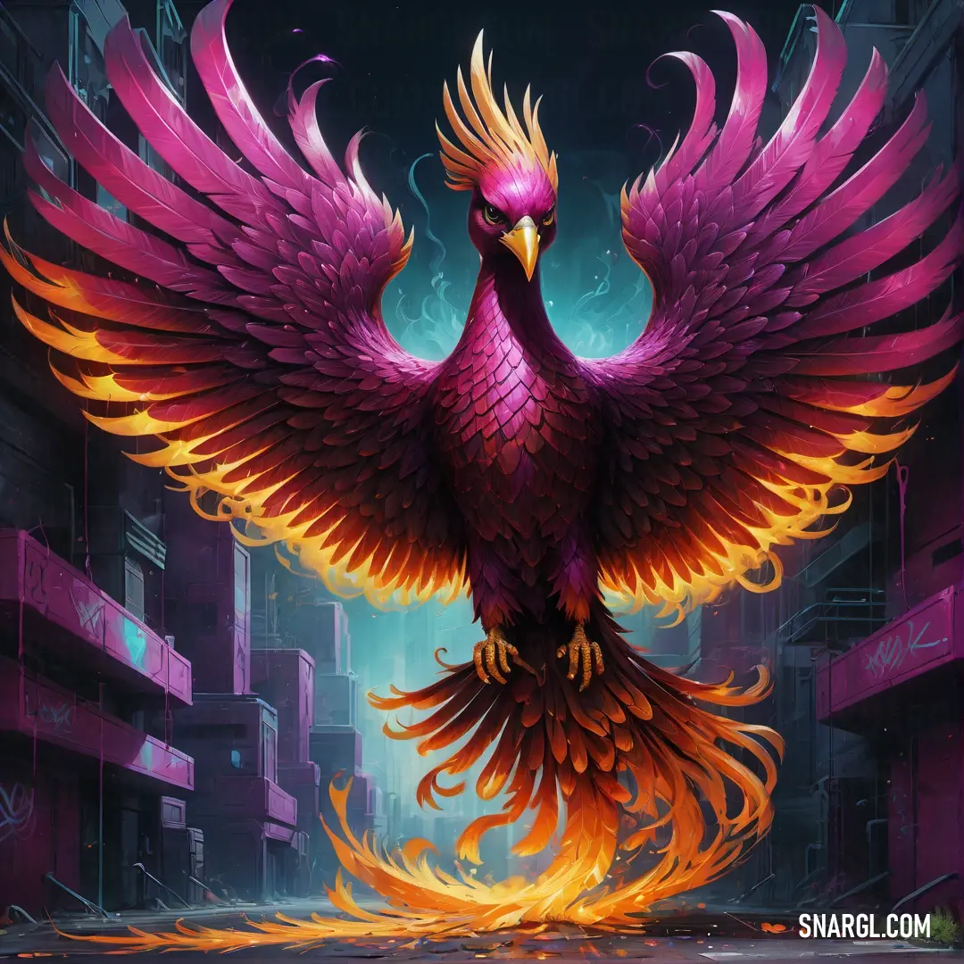 Bird with orange and pink feathers on its wings and a city in the background with buildings and fire